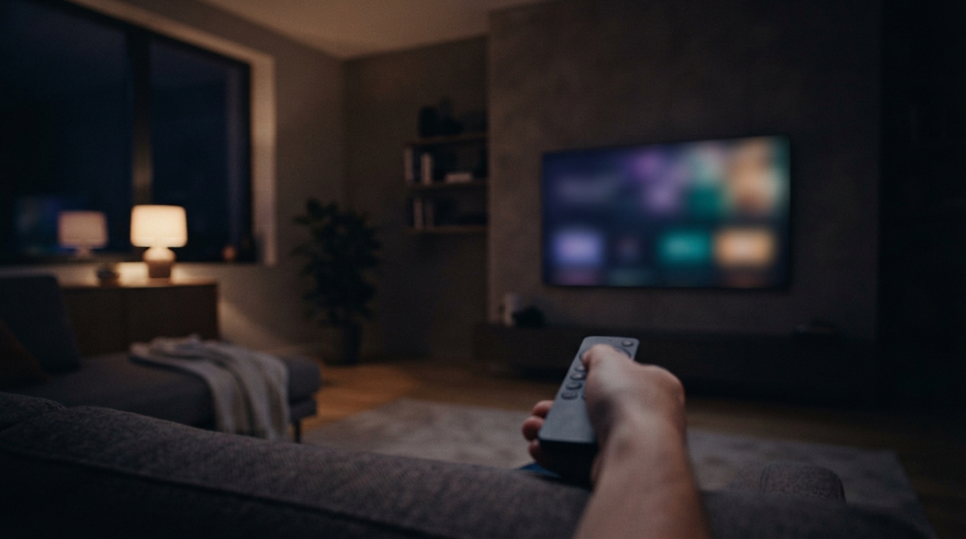 Person holding a remote toward a blurred television in a dimly lit living room.